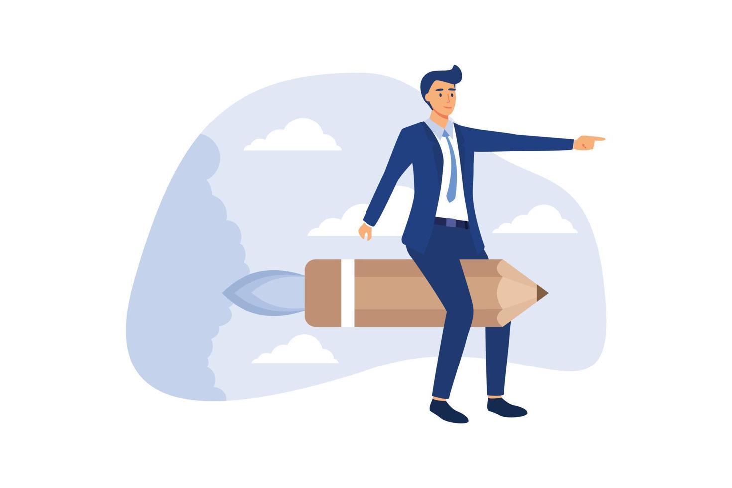 Businessman on rocket pencil , business concept flat vector illustration. smart businessman riding pencil rocket flying high into the sky. Creativity idea lead the way,