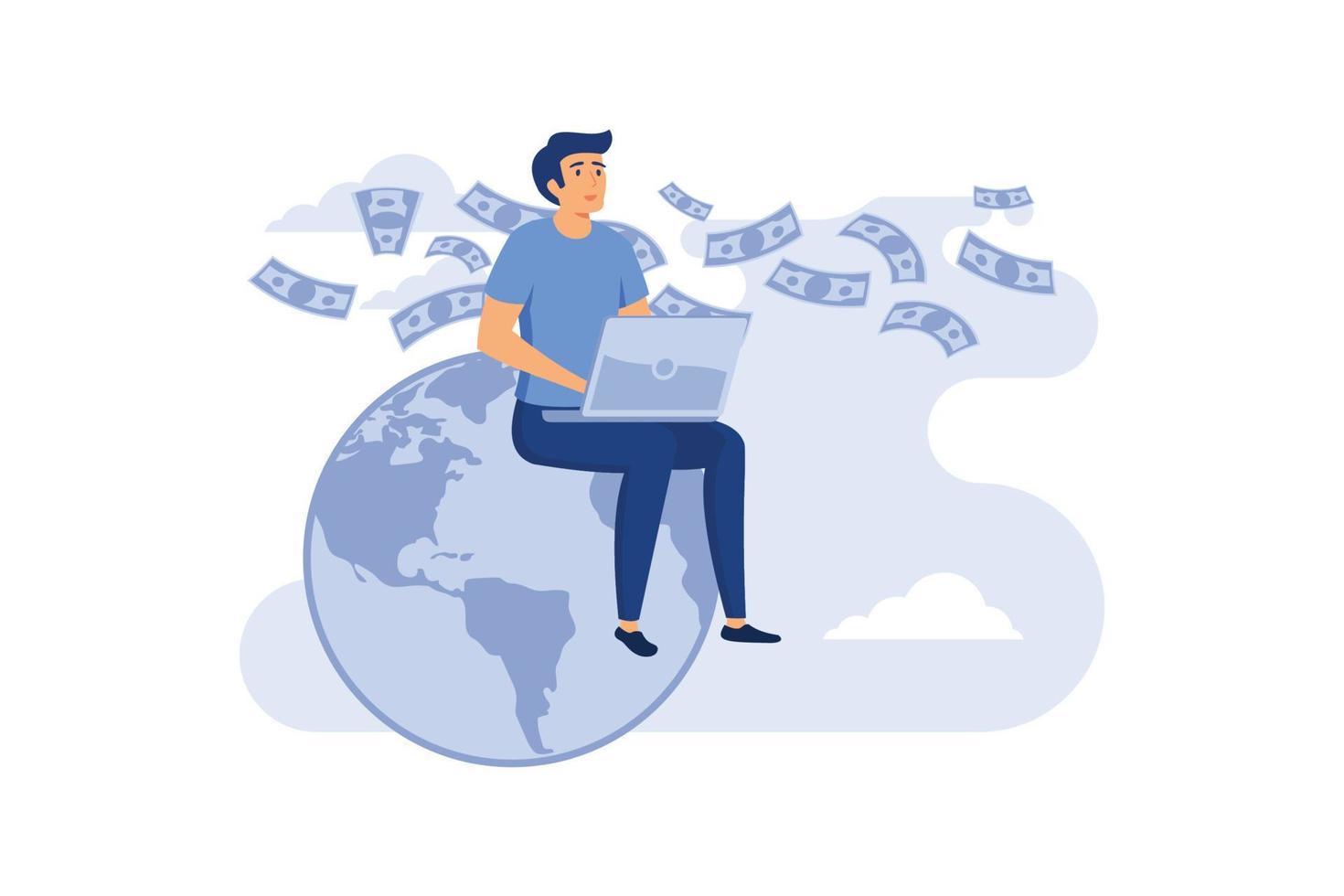 stylized character. businessman making money online, earning on network, internet. Man sitting on the globe with notebook. flat vector illustration