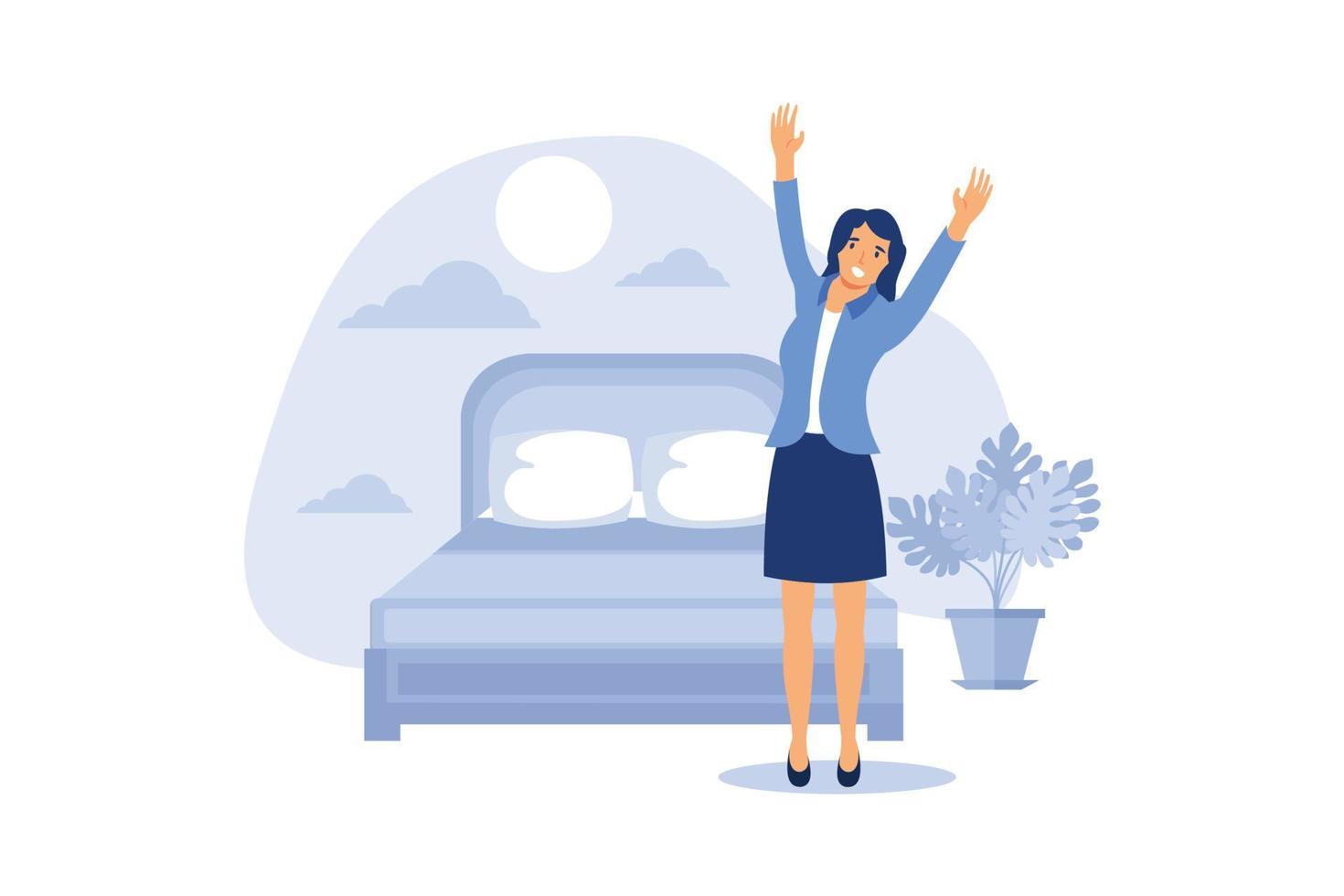 girl waking up stretching sitting on his bed sun day vector