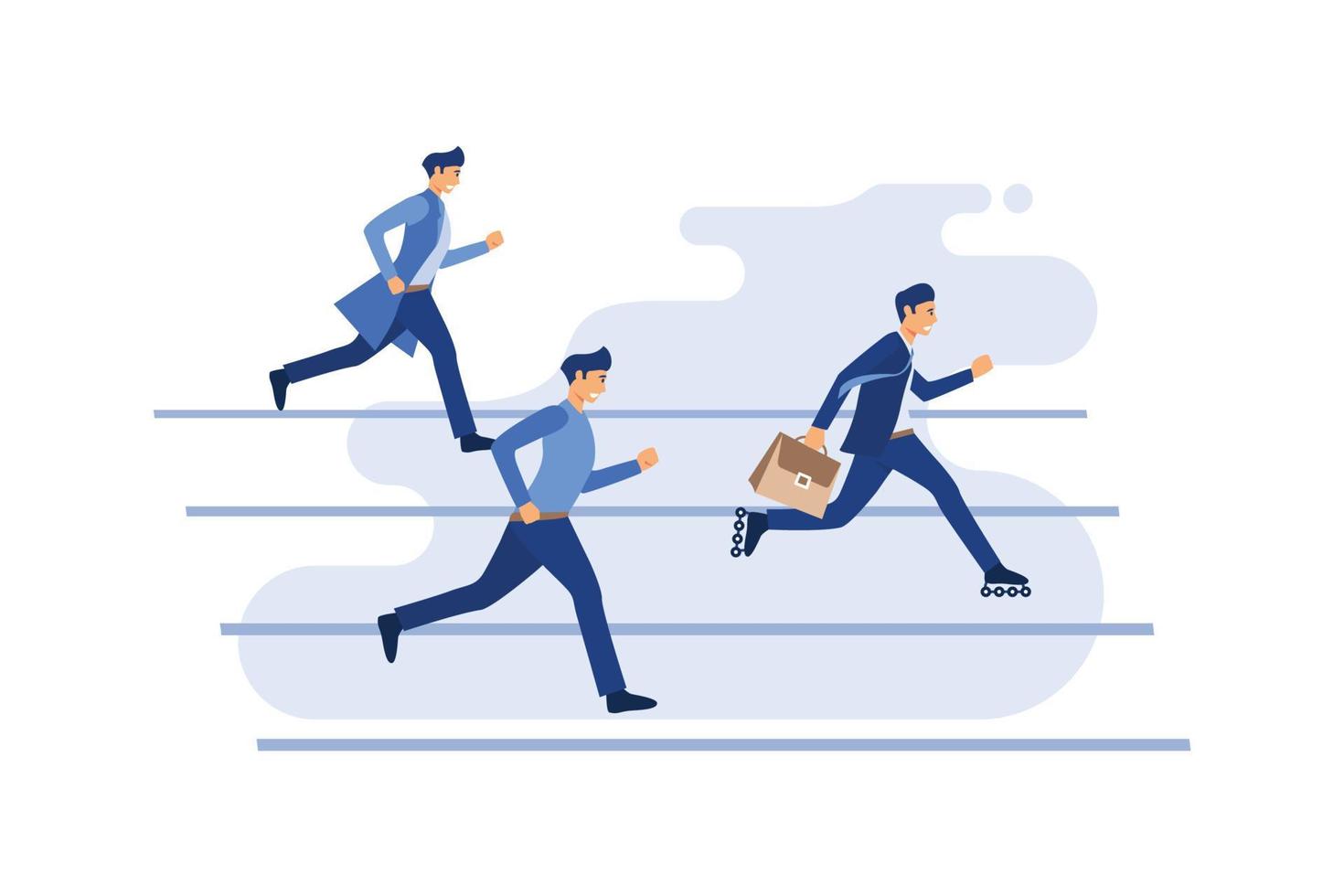 White collar workers in black suit racing on running track and a smart one carrying briefcase gets ahead by wearing inline skates. Creative vector cartoon illustration for business concept.