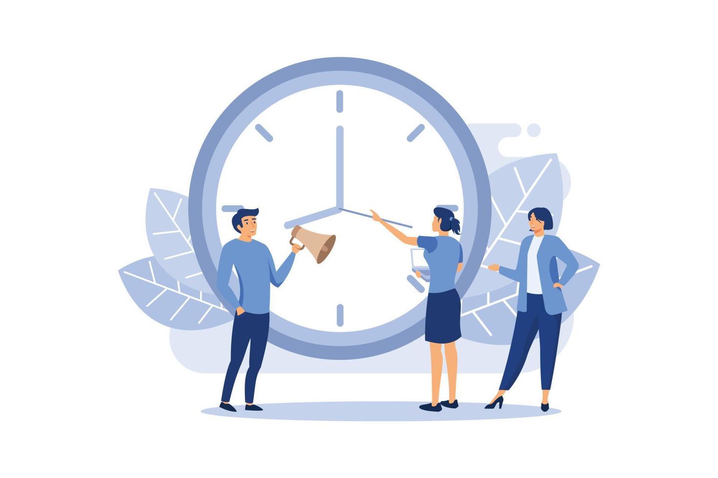 Deadline working people with big clock concept. Business woman try to stop clock arrows, man with megaphone stand. Deadline term delay problem flat vector illustration