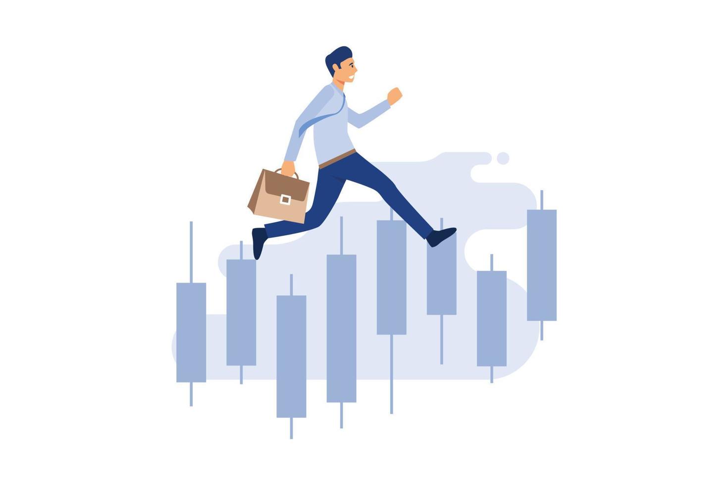 running businessman on Candlestick stock exchange vector flat vector illustration