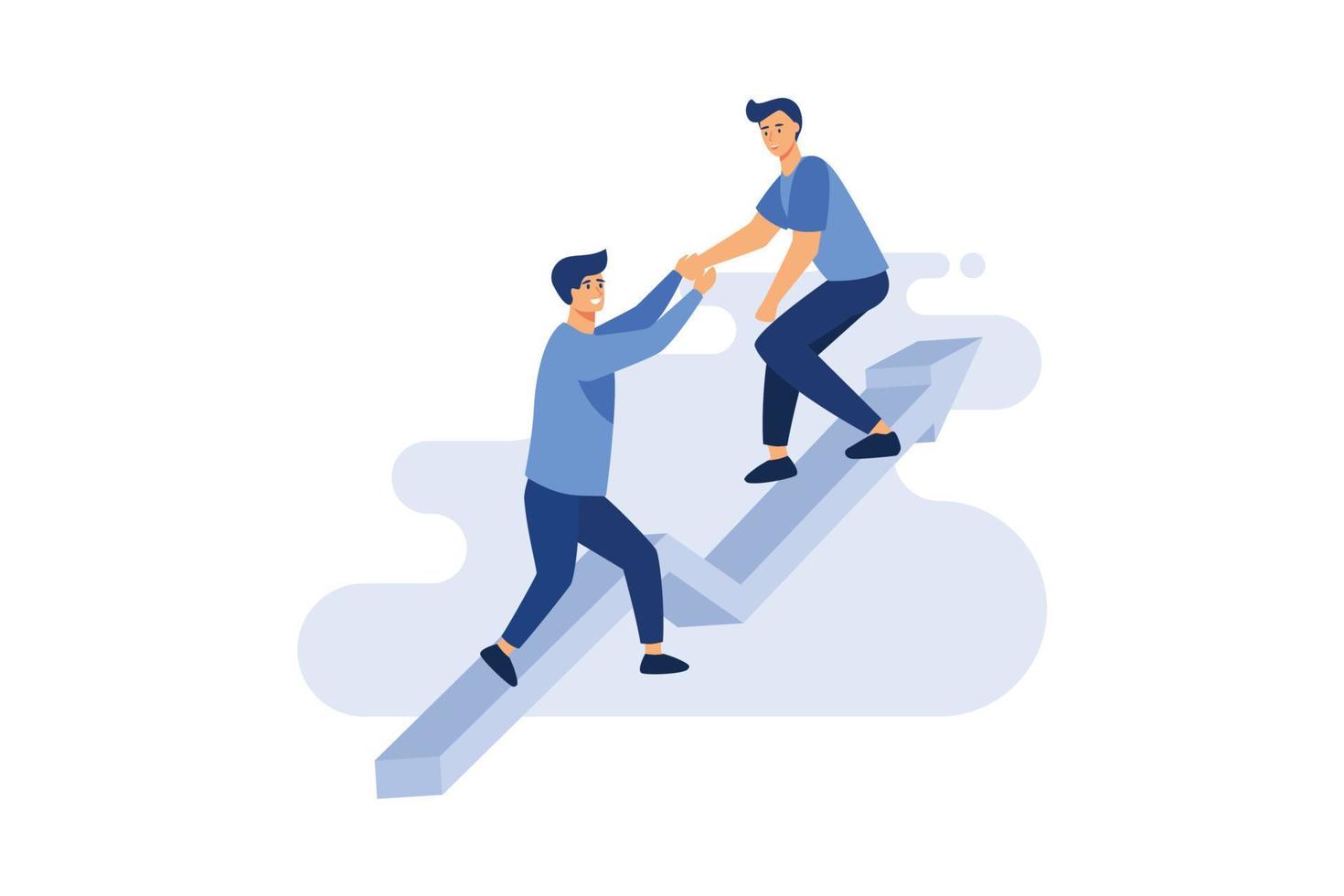 Business teamwork concept. Businessmen working together, helping each other to climb arrow of success. Team of people work hard to reach top position flat vector illustration