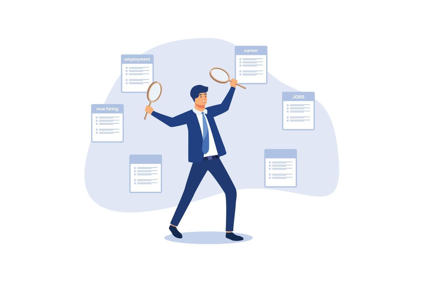 Job seeking, search for new career and opportunity, smart businessman using magnifying glass in both hands searching for new hiring career. flat vector illustration