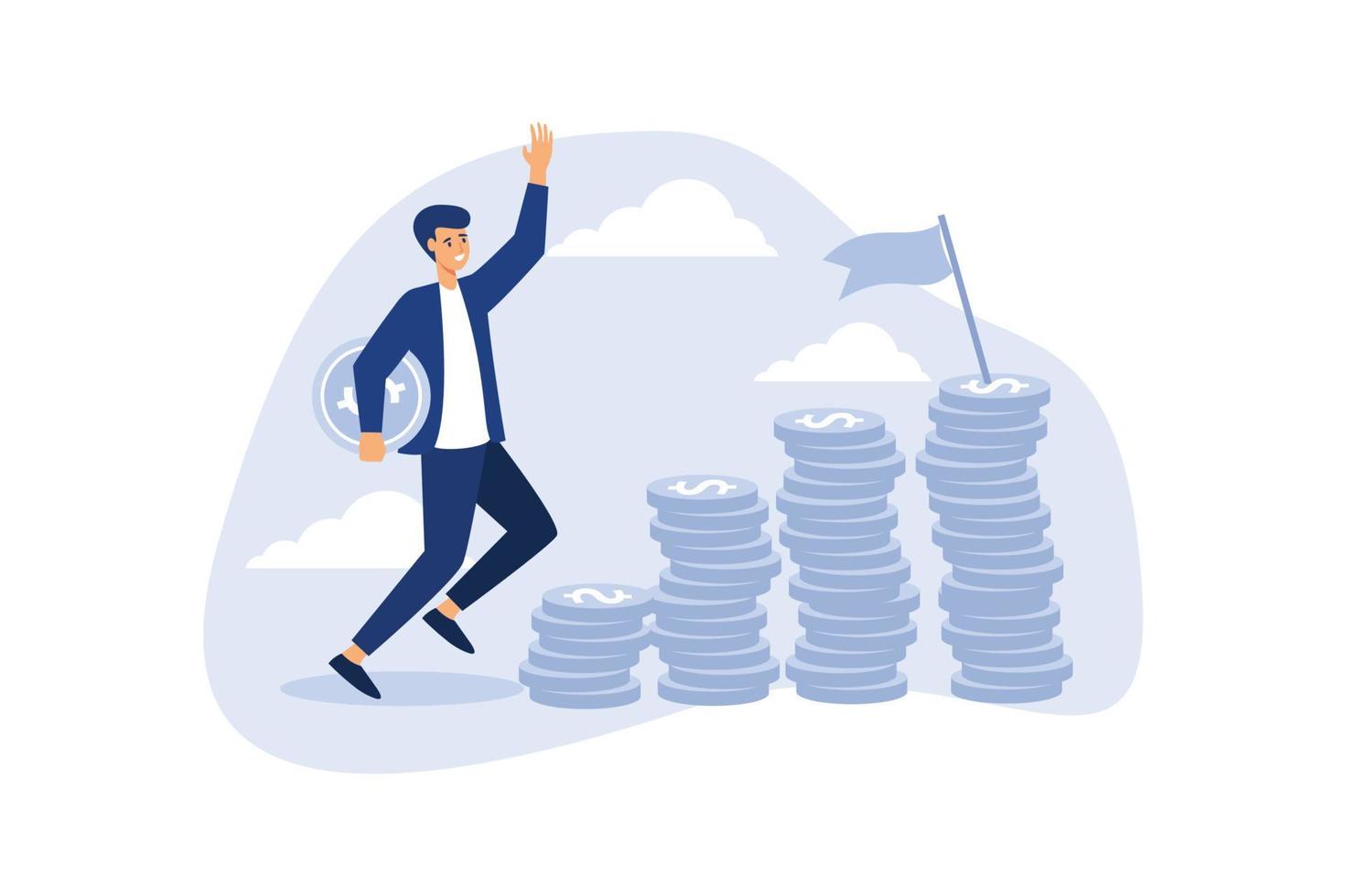 Start invest in stock market, young adult office man carrying money coin start step on compound money stack. flat vector illustration