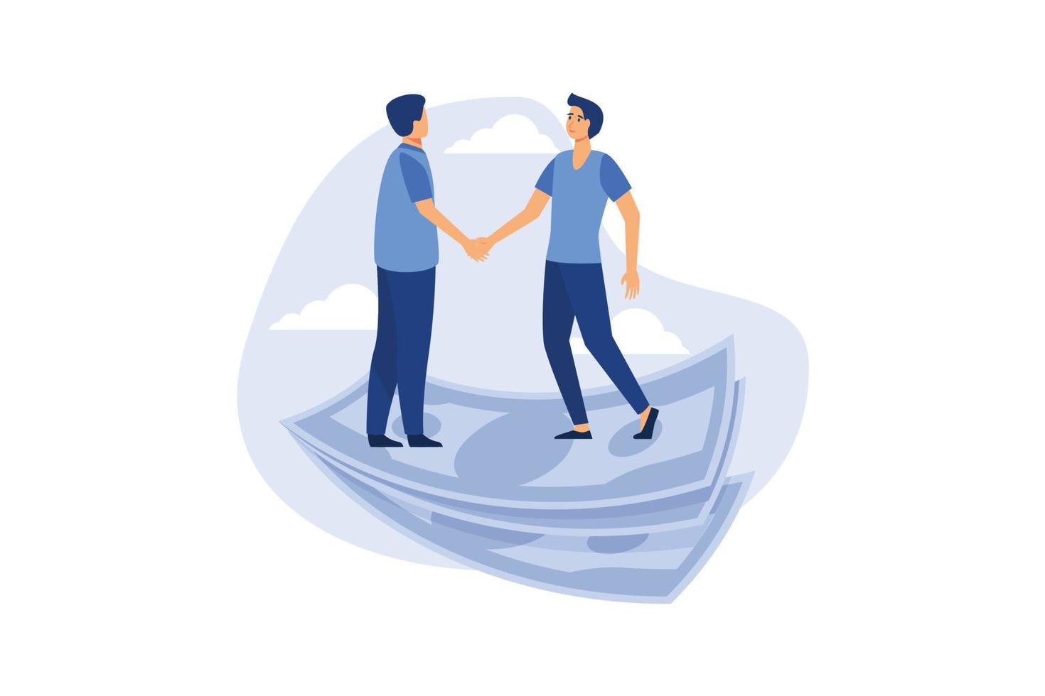 Salary negotiation, business deal or merger and acquisition concept, business people handshake on pile of money banknote after finish agreement. flat vector illustration