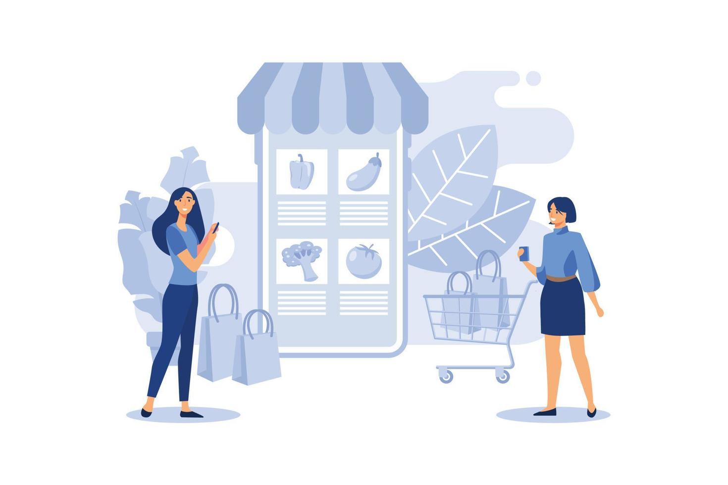 Retail food, shop to online. Woman makes purchases via phone online, choosing product. Shopping cart for buyer with food. E-commerce on smartphone. flat vector illustration