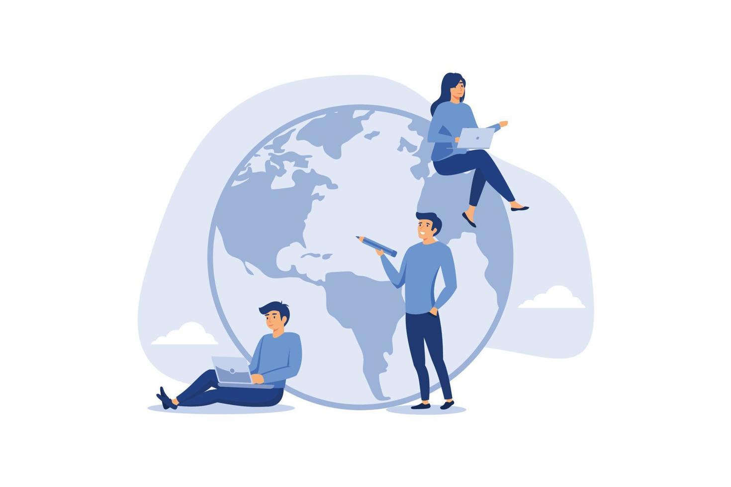 Work from anywhere around the world, business people sitting around world map on globe working with online computer. flat vectore illustration vector