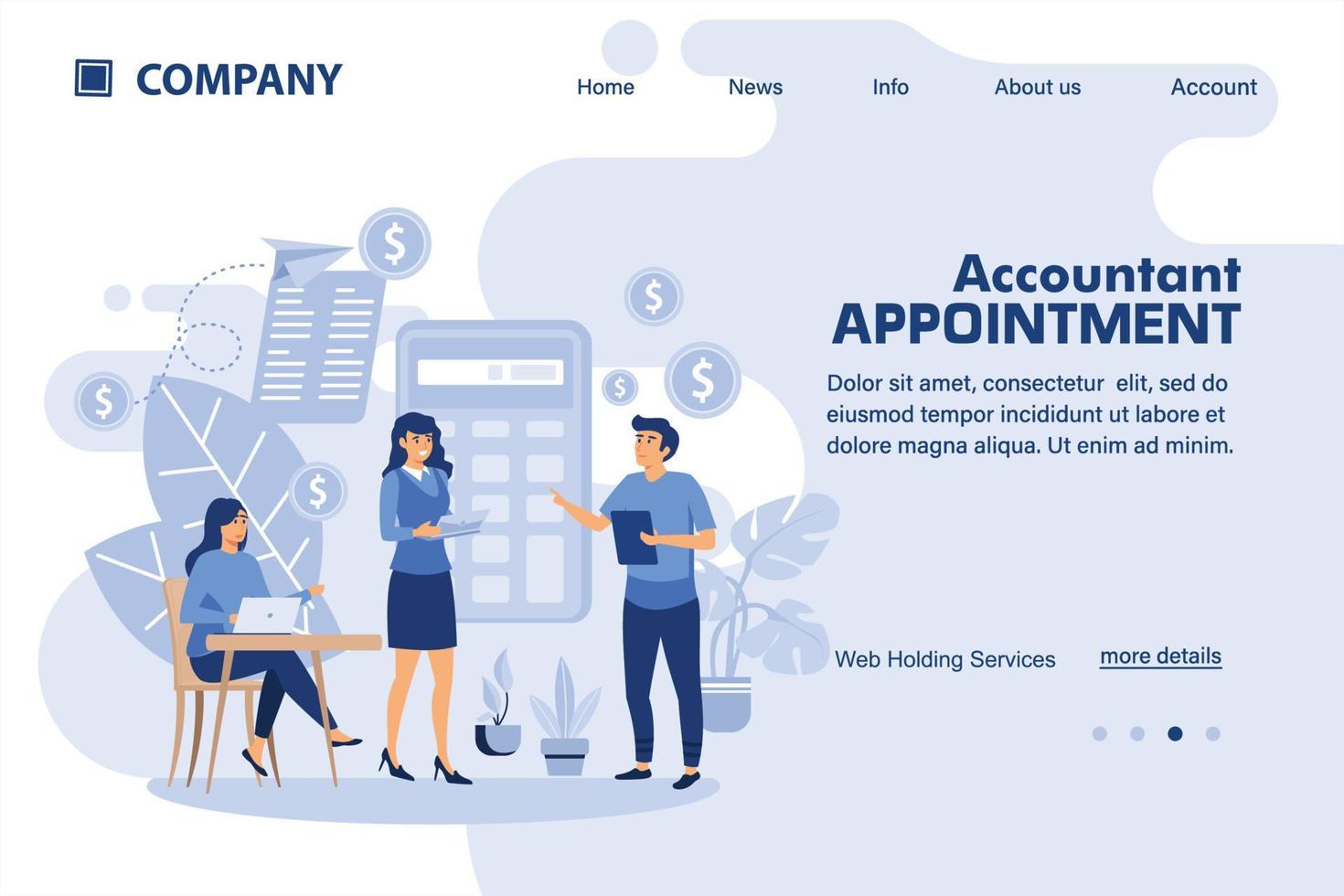 Accountant appointment. Isometric banner. Male and female flat cartoon characters communicate with each other standing by a large calculator. Landing page template vector