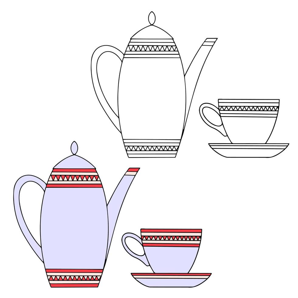 cafetera y taza de porcelana lila. color y dibujo lineal sobre un fondo blanco vector