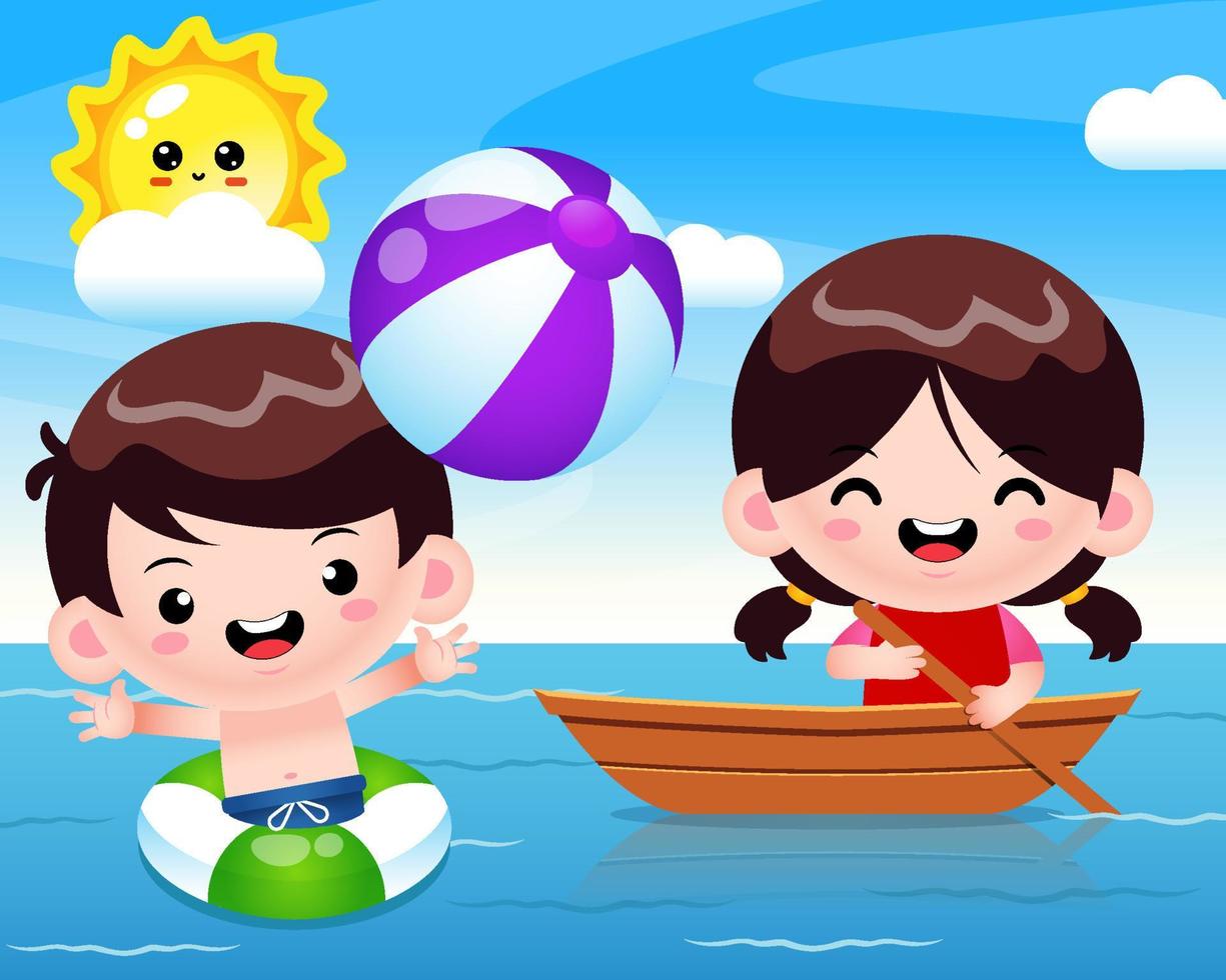 niños felices en el mar vector