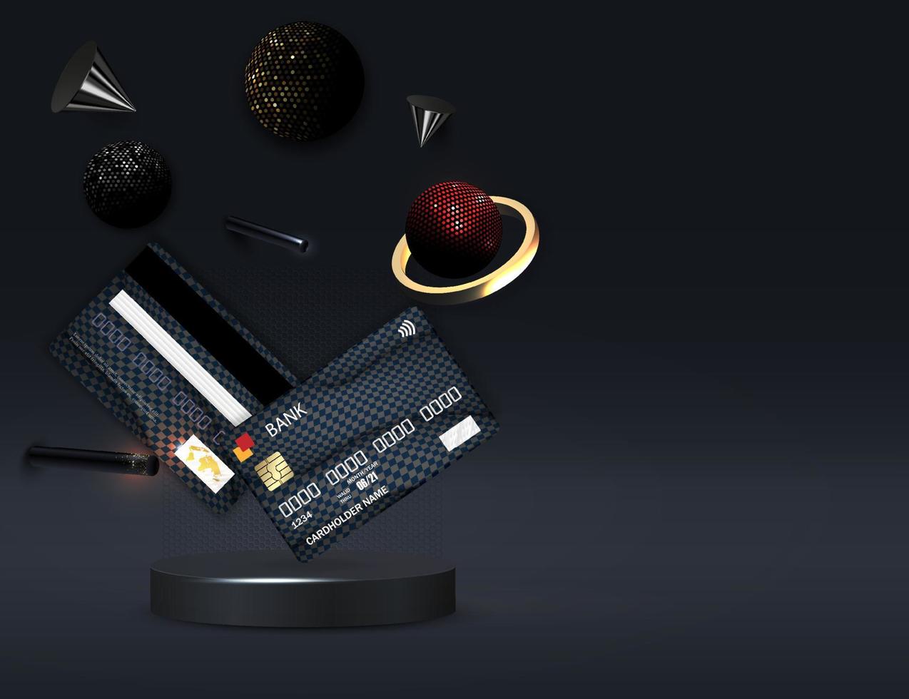 Vector concept of a bank card with smooth realistic geometric elements on a dark background. Banking Web Design