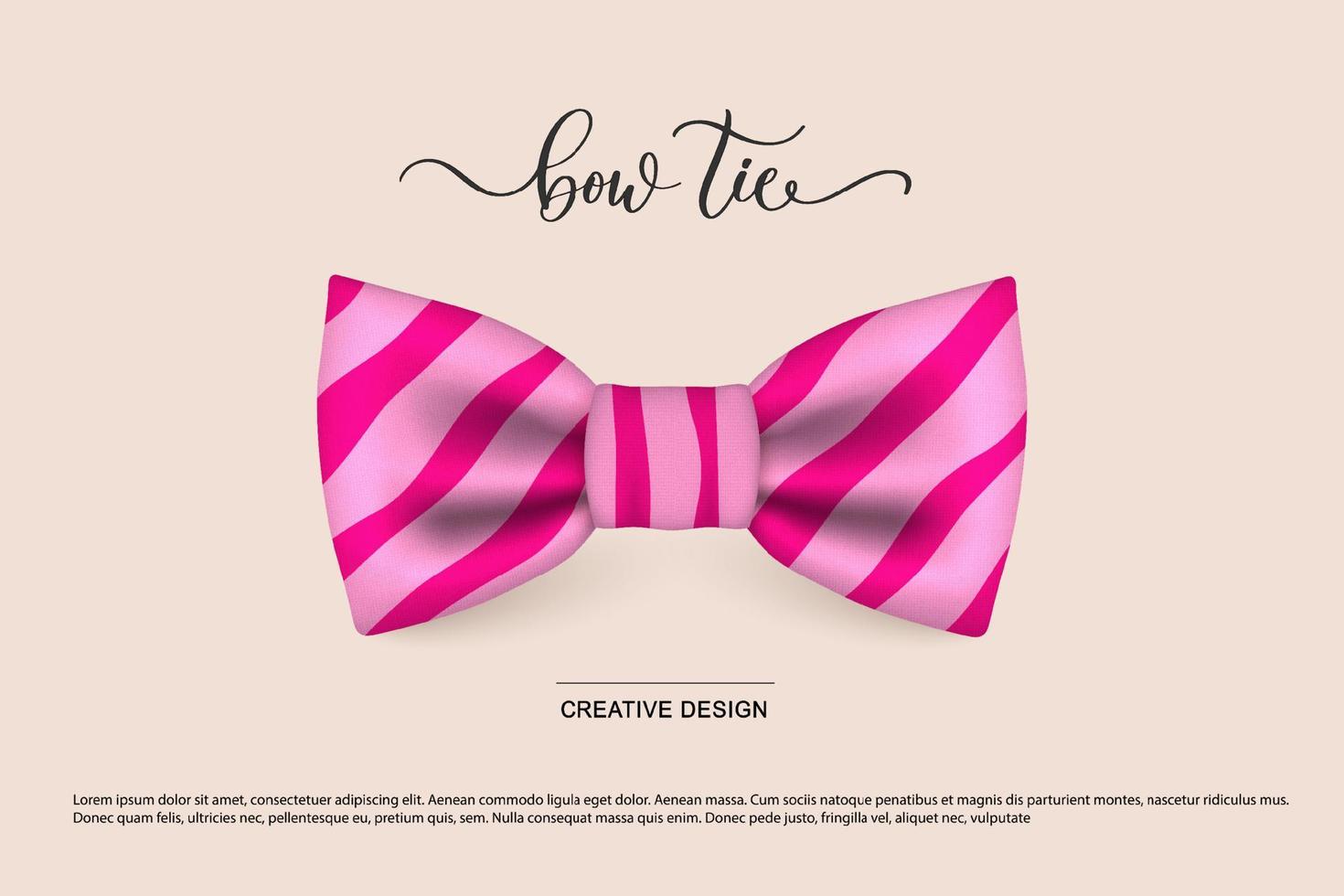 Vector icon of a pink striped bow tie highlighted on a pink background with an inscription. Hipster style