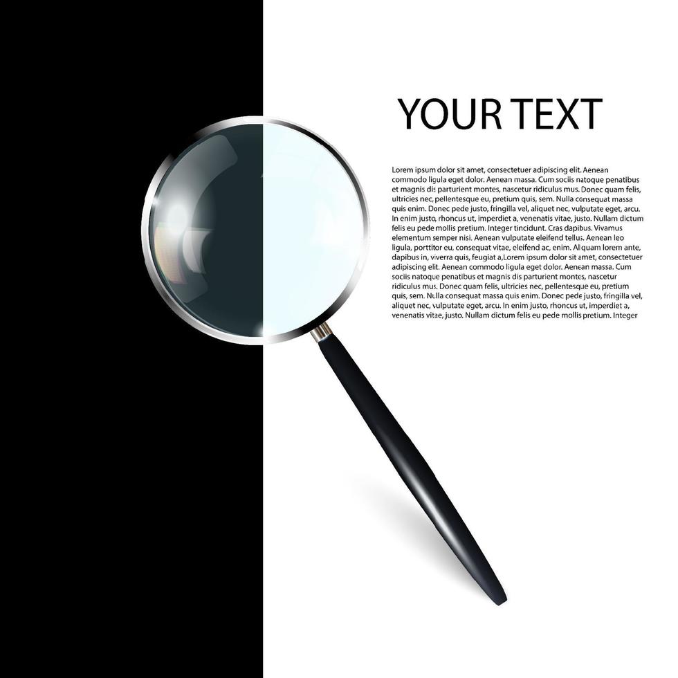 Vector 3d Realistic metal Magnifying Glass, Magnifying Glass icon in Close-up, highlighted on a black and white background. Magnifying glass design template. Top view