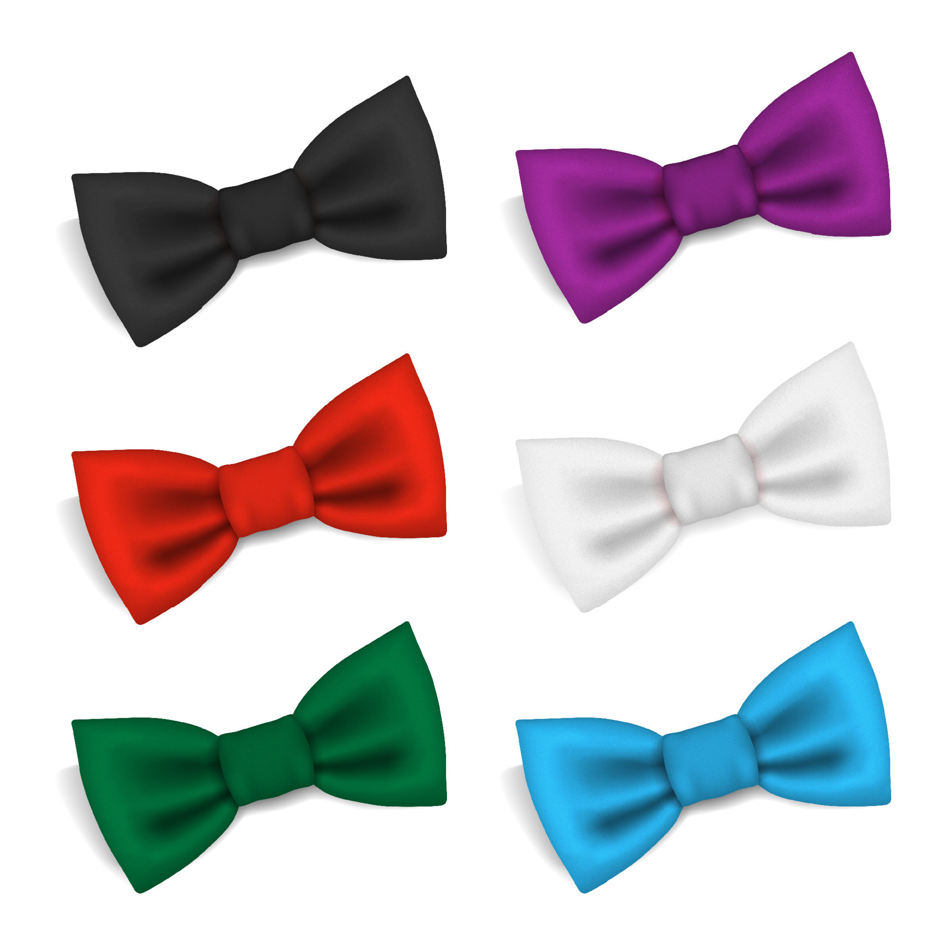 Realistic Set Of Textured Bow Tie Close-Up Isolated. Silk Glossy Bow