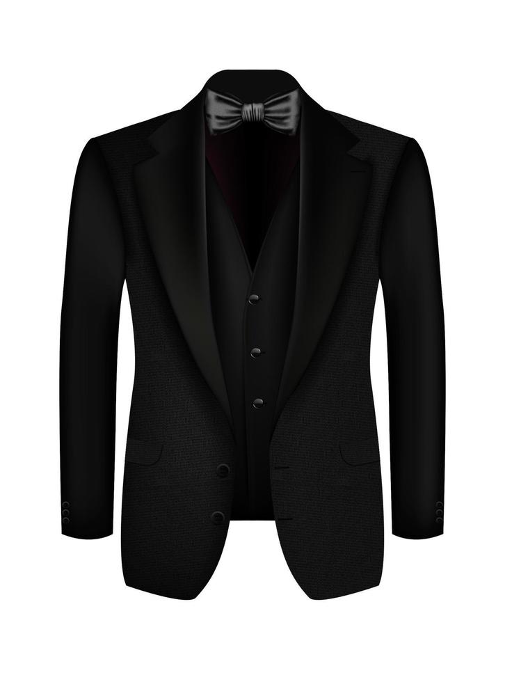 Vector realistic tuxedo background with bow. Black men's suit, tuxedo with vest. Illustration of male symbols for an invitation, a corporate party. Invitation design for men