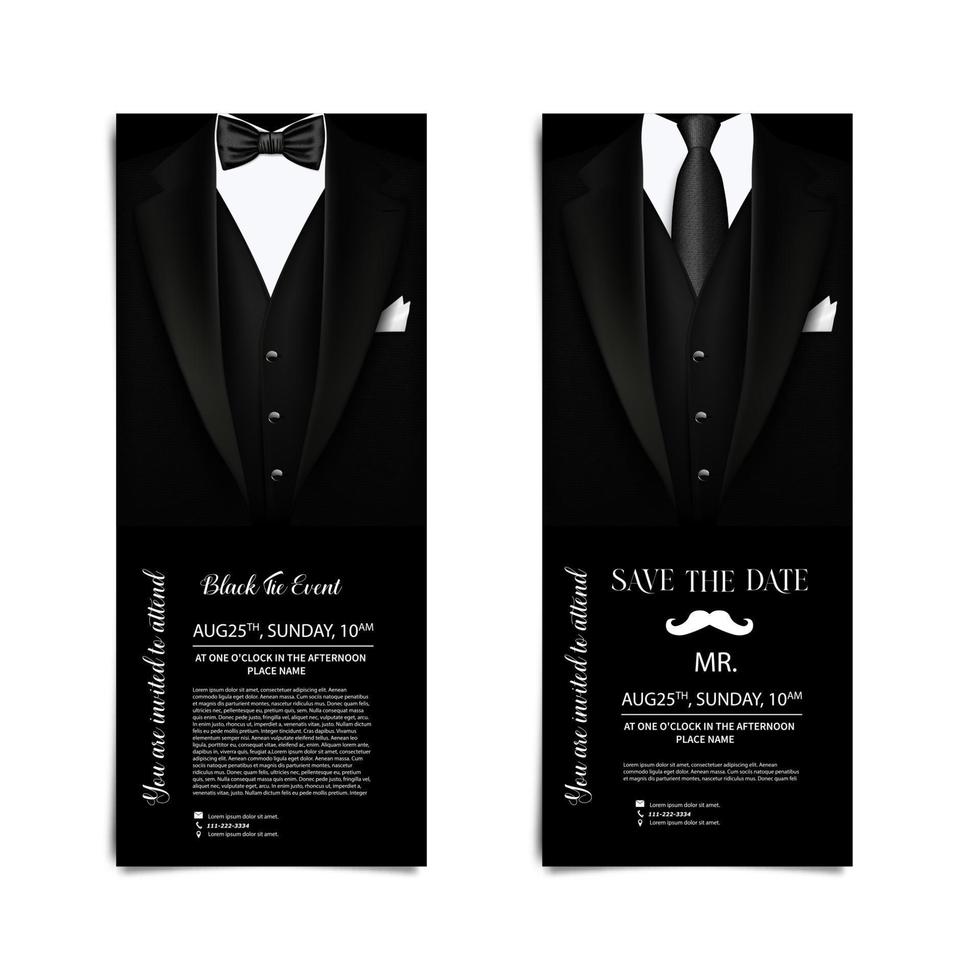 Vector business cards with elegant suit and tuxedo. Invitation flyer for the holiday