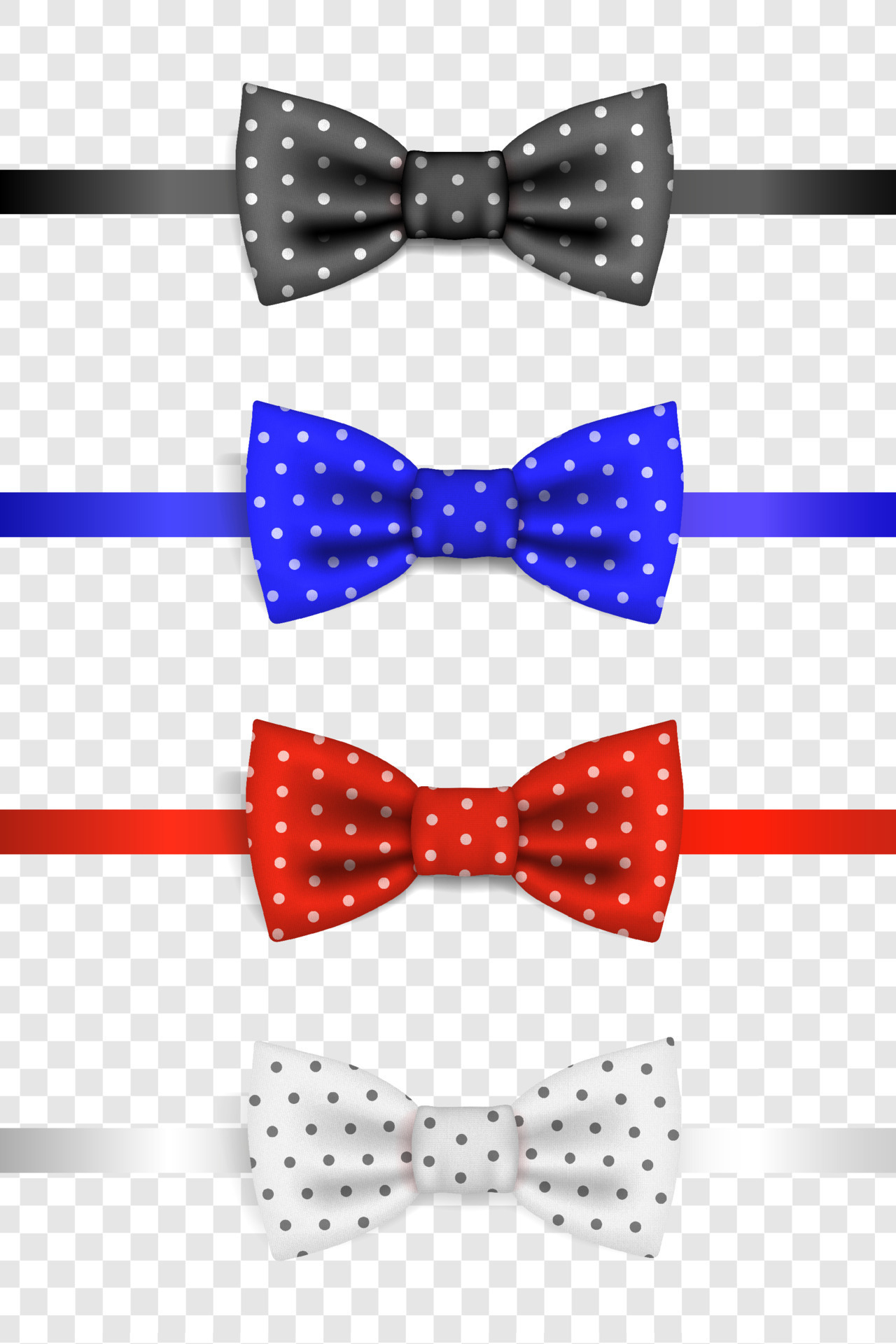 Realistic Set Of Textured Bow Tie CloseUp Isolated. Silk Glossy Bow