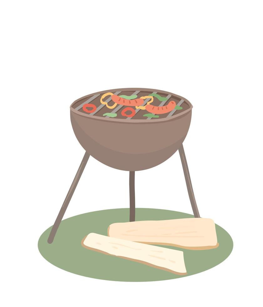 B-B-Q. Brazier. Grilled sausages and vegetables. Cooking on fire. vector