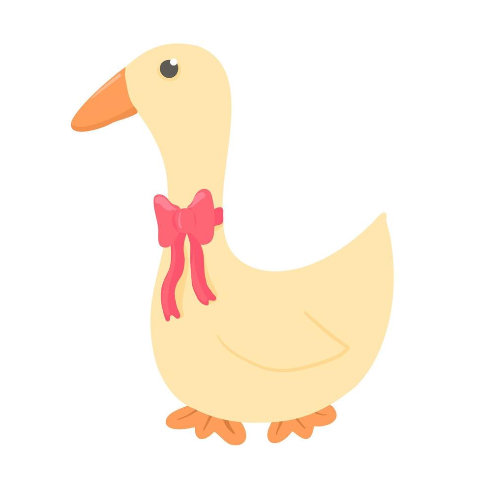 Cartoon goose with a pink bow. Children's illustration of a goose for books, posters, decor, postcards. vector