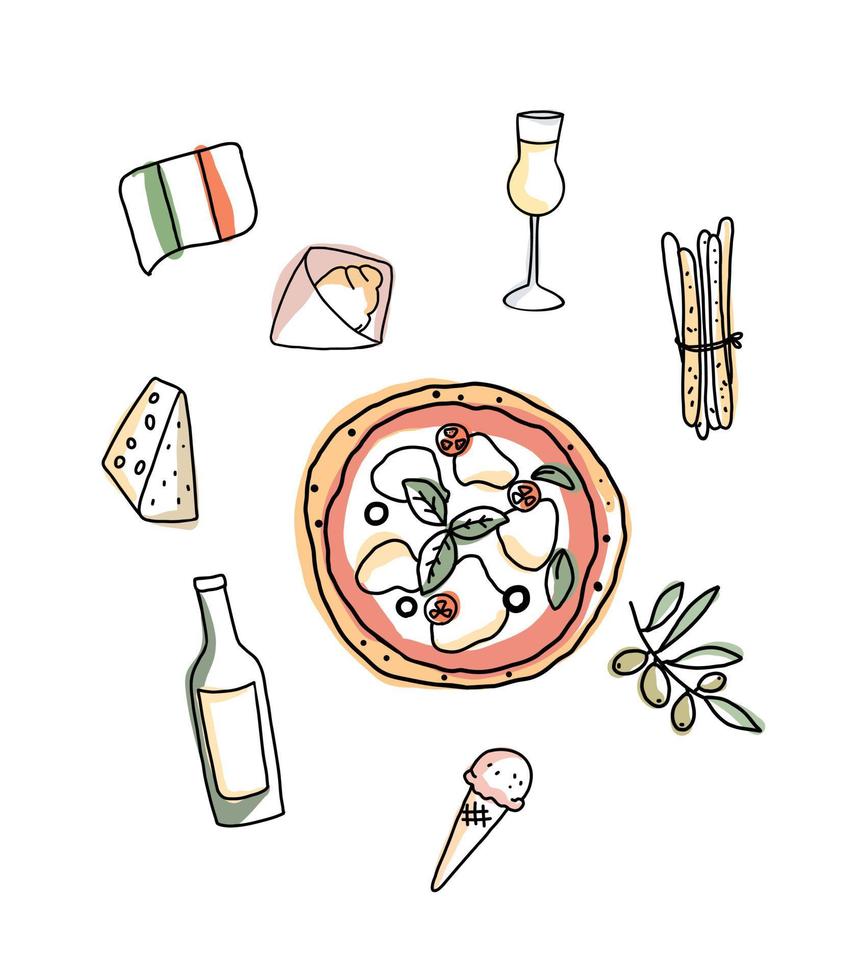 Doodle set of Italian dishes. Drawn icons of products of national Italian cuisine. vector