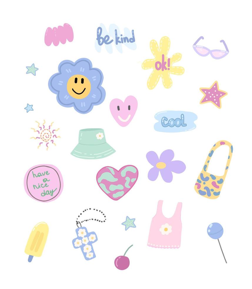 A colorful set of  y2k trendy retro stickers style of the 90s.Hipster fashion. vector