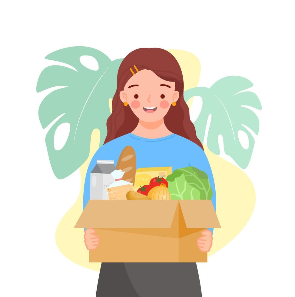 Girl holding cardboard box with green grocer. Reusable bags of fruits, vegetables, milk, bread. Food products in reuse eco and paper package. Organic products from farm. Flat vector illustration.