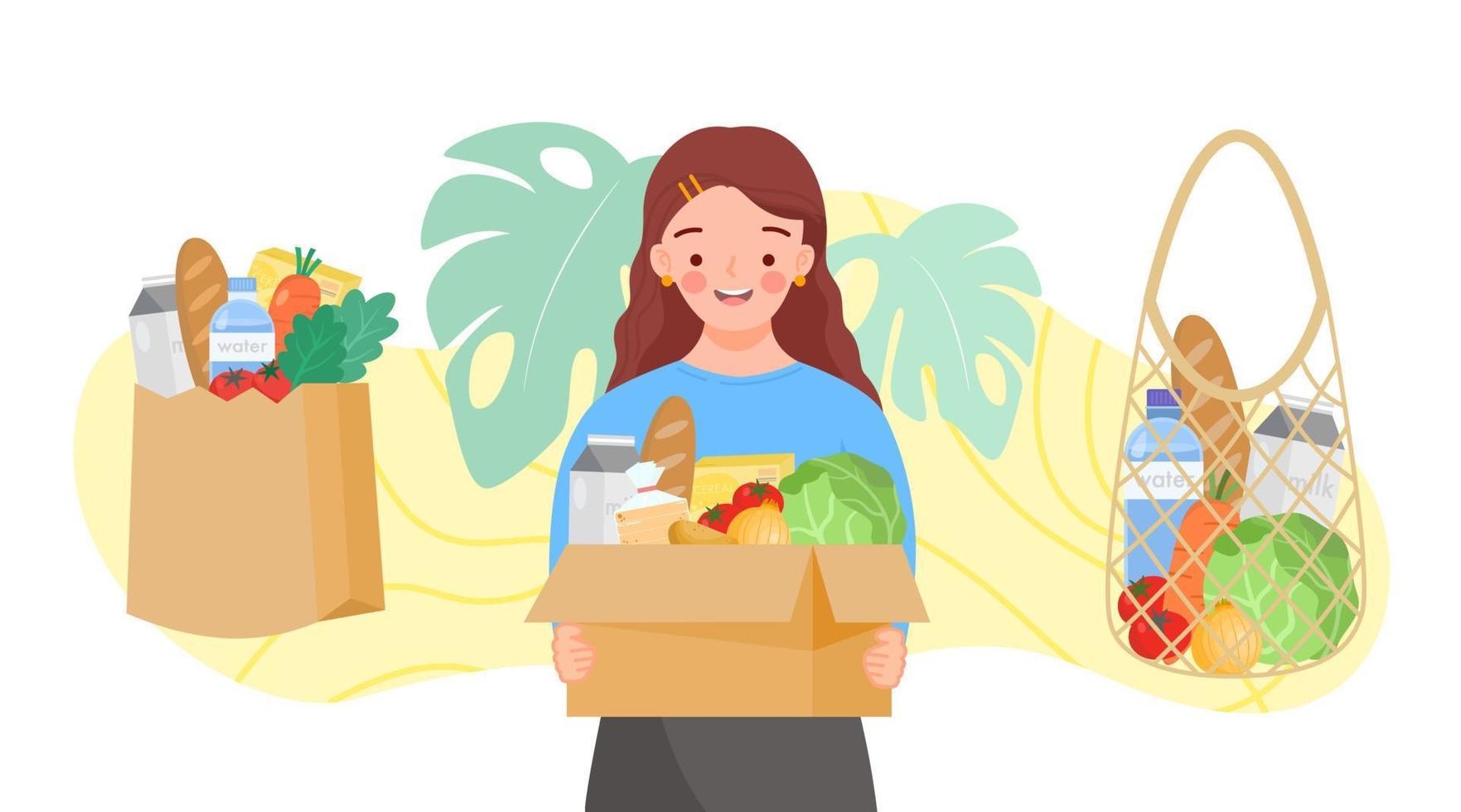 Girl holding bag with green grocer. Set of reusable shopping bags and cardboard box of fruits, vegetables, milk, bread. Food products in reuse eco and paper package. Organic products. vector