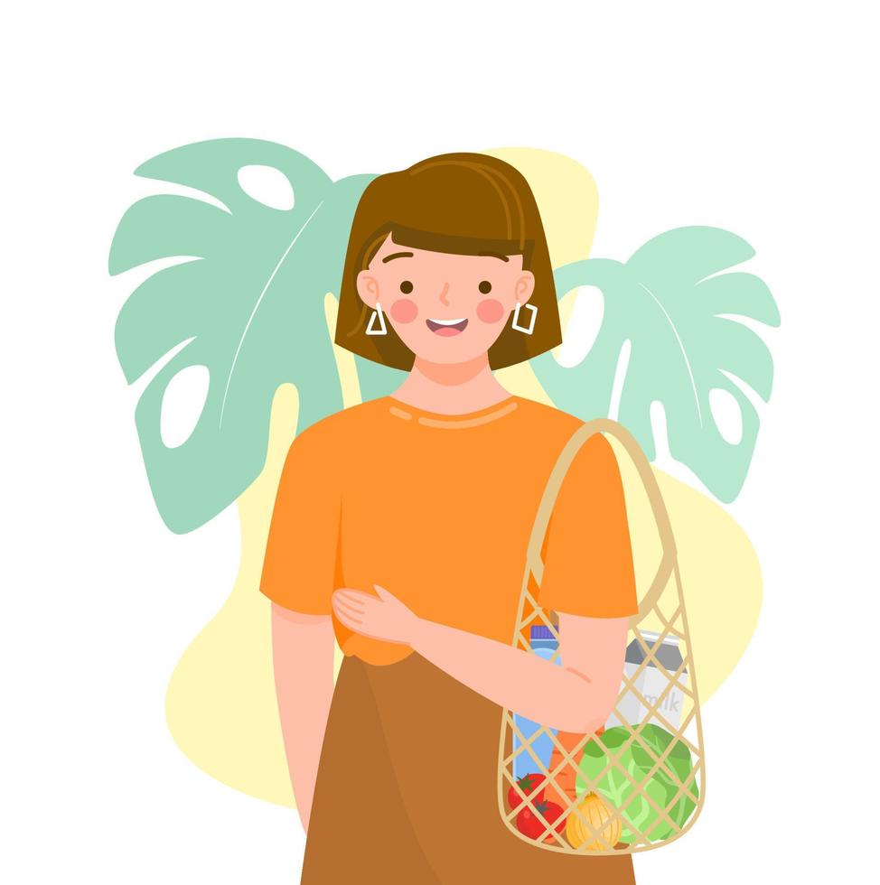 Girl holding turtle bag with green grocer. Reusable bags of fruits, vegetables, milk, bread. Food products in reuse eco and paper package.Organic products from farm. Flat vector illustration.