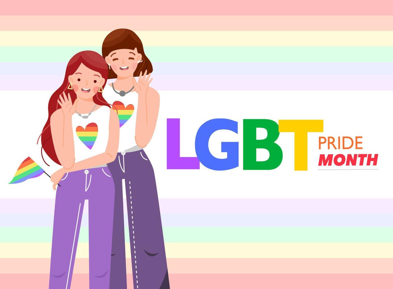 Pride month for LGBT right and social concept for poster or card. Lesbian couple, girl holding rainbow flag symbol, stading beside woman. Gay bisexual transgender community. Flat vector illustration