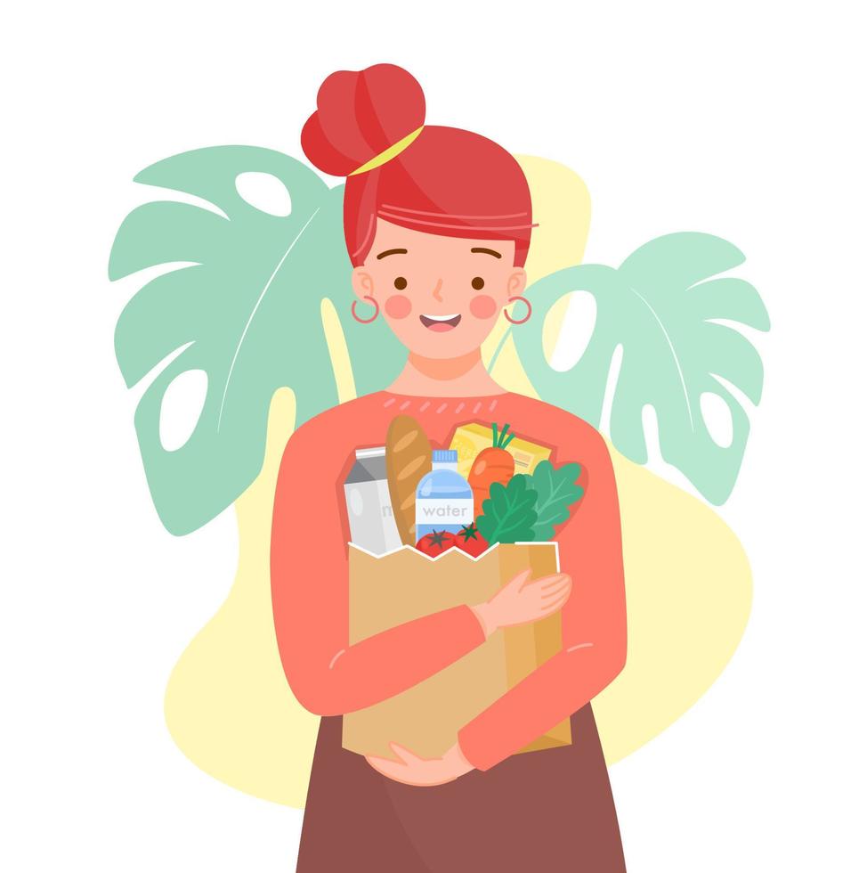 Girl holding paper bag with green grocer. Reusable bags of fruits, vegetables, milk, bread. Food products in reuse eco and paper package. Organic products from farm. vector