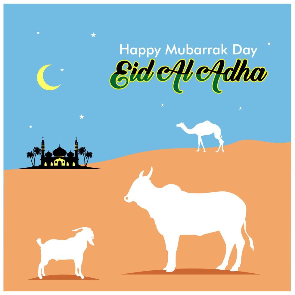 Eid al-Adha greeting card concept illustration with silhouette camel, sheep and mosque. With desert background and blue sky vector