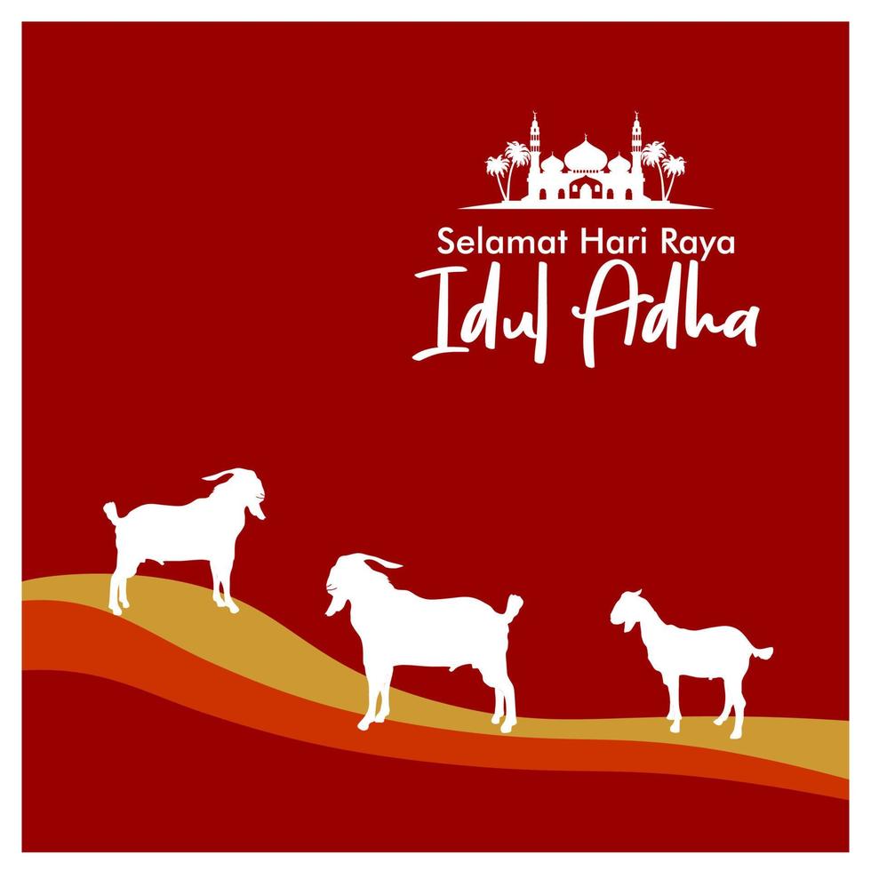 Eid Al Adha flat vector illustration with goat or sheep animal and mosque. Sacrifice animal celebration Islamic event. Selamat hari raya Idul Adha means happy Eid al-Adha also called Sacrifice festive