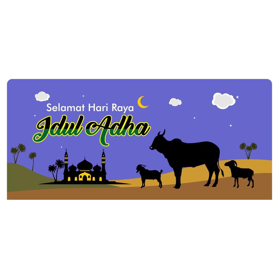 saludos de eid al adha con silueta de cabra, vaca y mezquita. selamat hari raya idul adha se traduce como eid al adha mubarak. publicación en redes sociales. fondo del concepto de banner vector