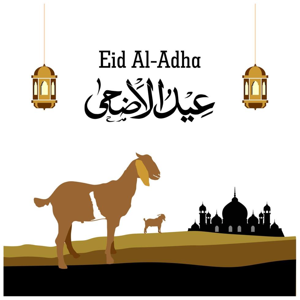 Eid Al Adha festival. Greeting card with sacrificial sheep and silhouette mosque on white sky background. Eid Mubarak theme. Vector illustration. Social media post