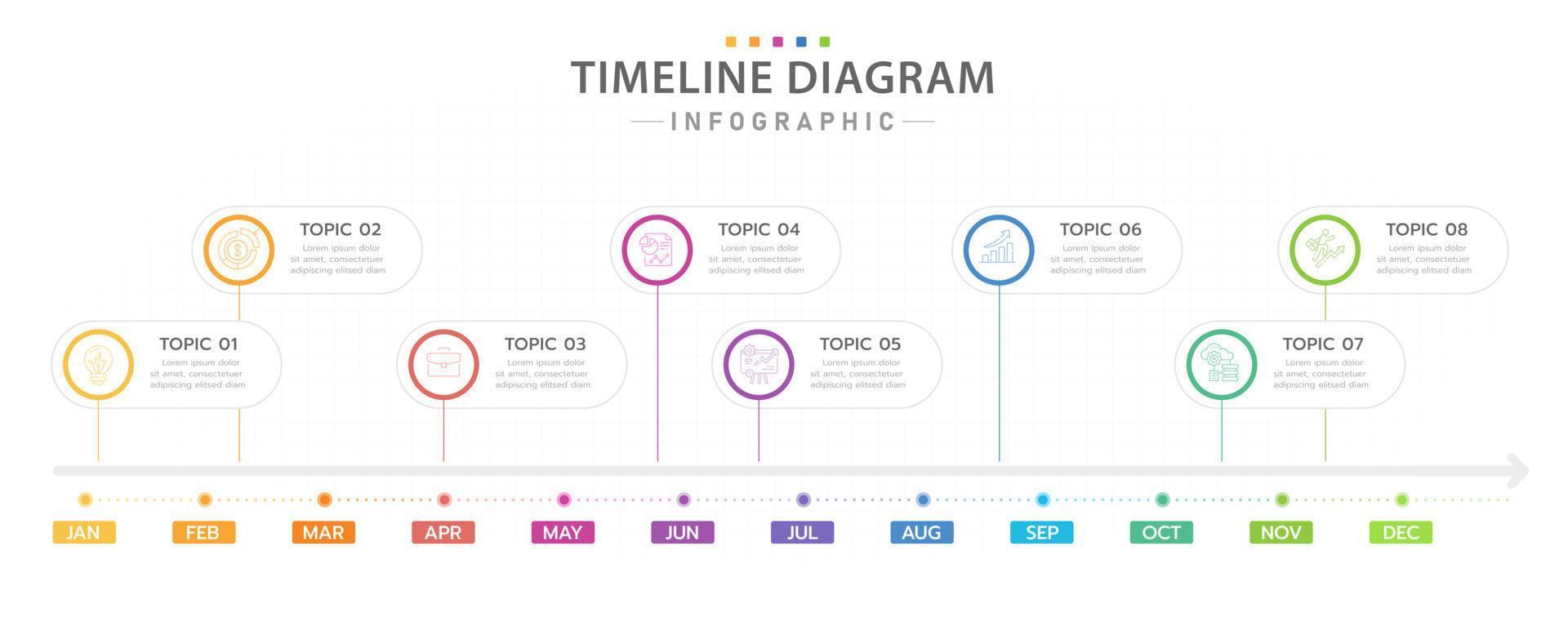 plantilla infográfica para negocios. Calendario de diagrama de línea de tiempo moderno de 12 meses con títulos de temas, infografía vectorial de presentación. vector