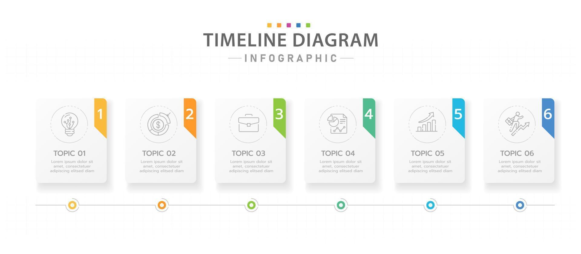 plantilla infográfica para negocios. Diagrama de línea de tiempo moderno de 6 pasos con temas de título, infografía vectorial de presentación. vector