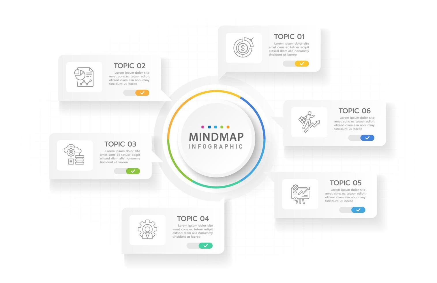 plantilla infográfica para negocios. Diagrama de mapa mental moderno de 6 pasos con temas de título de círculo, infografía vectorial de presentación. vector