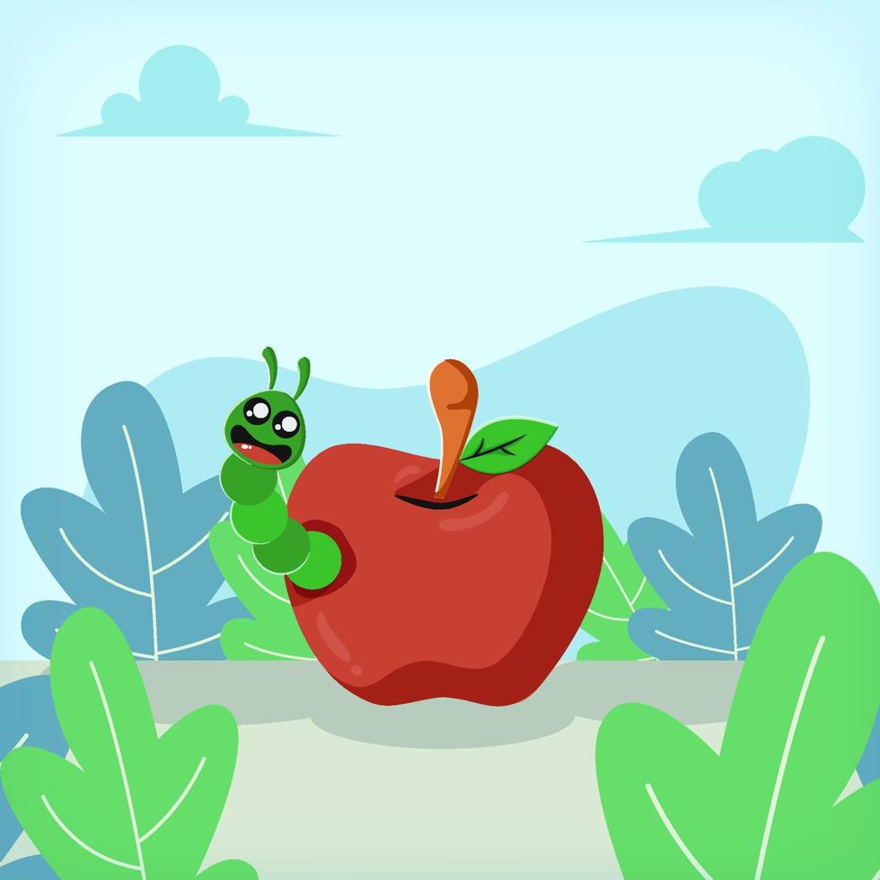 Apple with Worm Flat Illustration Design Concept vector