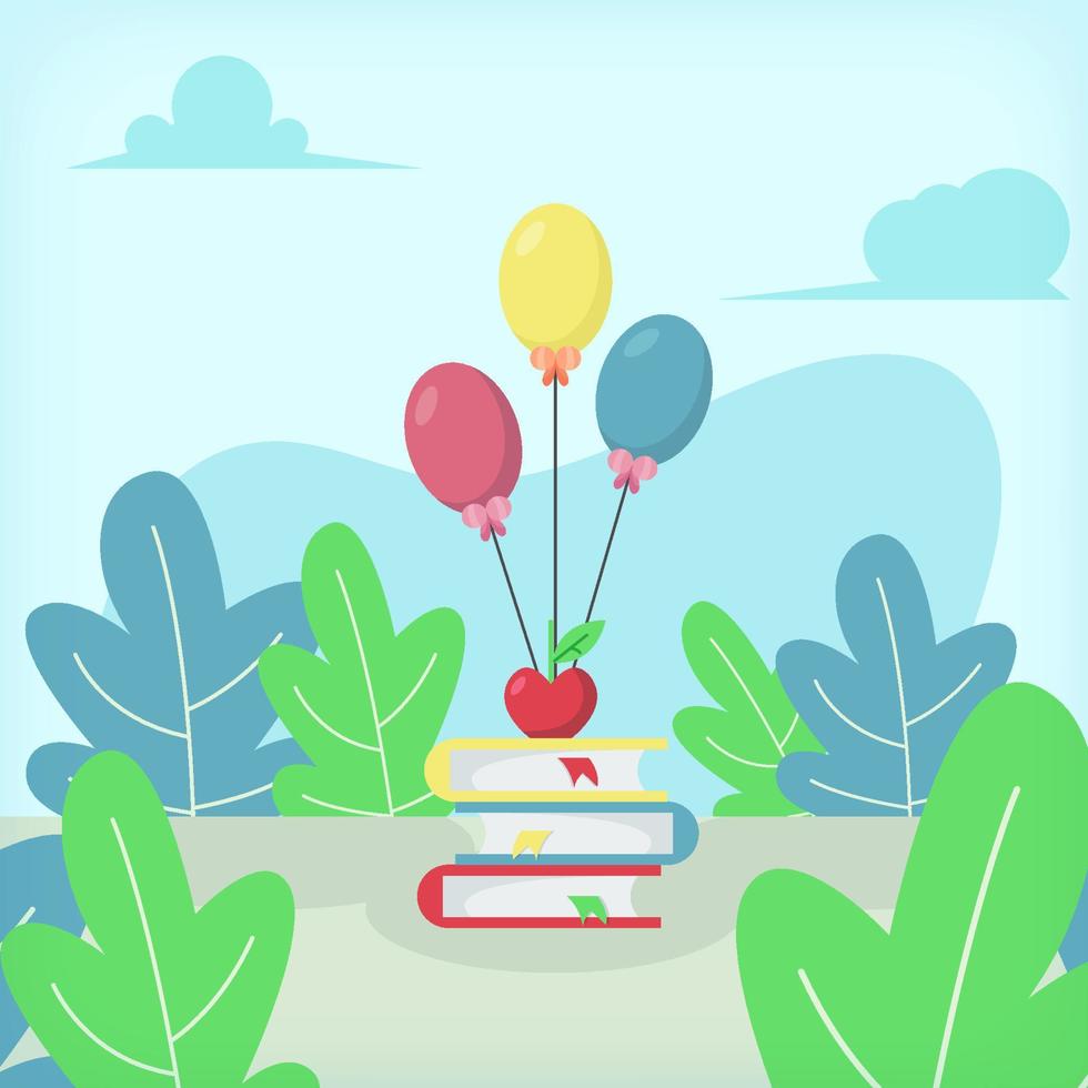 Books with An Apple and Balloons Flat Illustration Design Concept vector