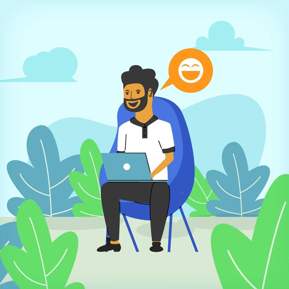 Man Working Outdoor with A Comfortable Chair Flat Illustration Design Concept vector