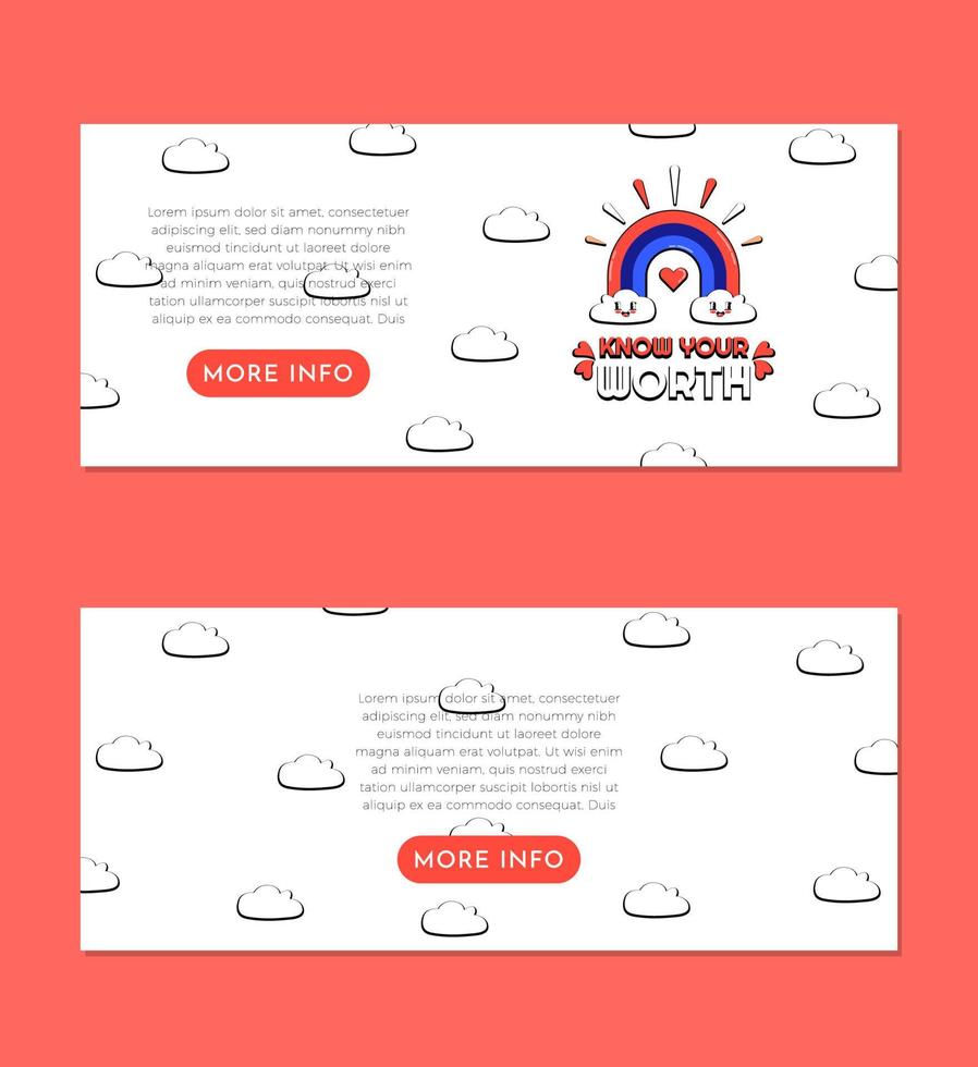 Know Your Worth Trendy Cartoon with Clouds Pattern Banner Set Design Template vector