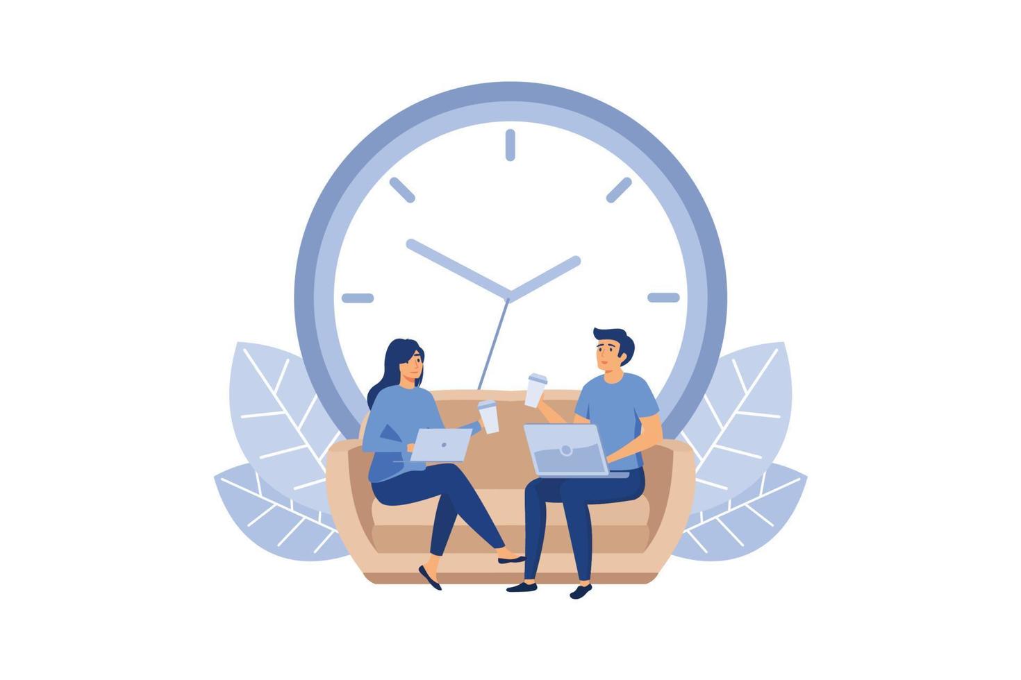 Man and Woman Sitting on Couch or Sofa and Working on Laptop Flat Cartoon Vector Illustration. Collegues Drinking Takeaway Coffee with Huge Clock on Background. Deadline Concept. Time Management