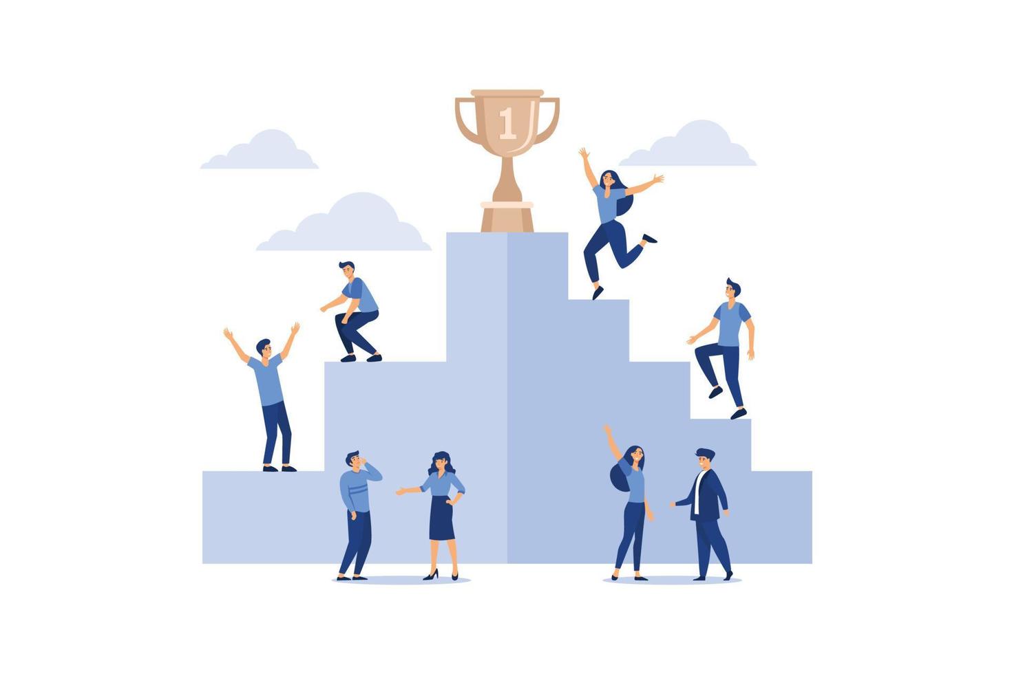 businessmen climb the ladder to the goal in the form of a golden cup, competition, career planning, career development concept, teamwork flat vector illustration