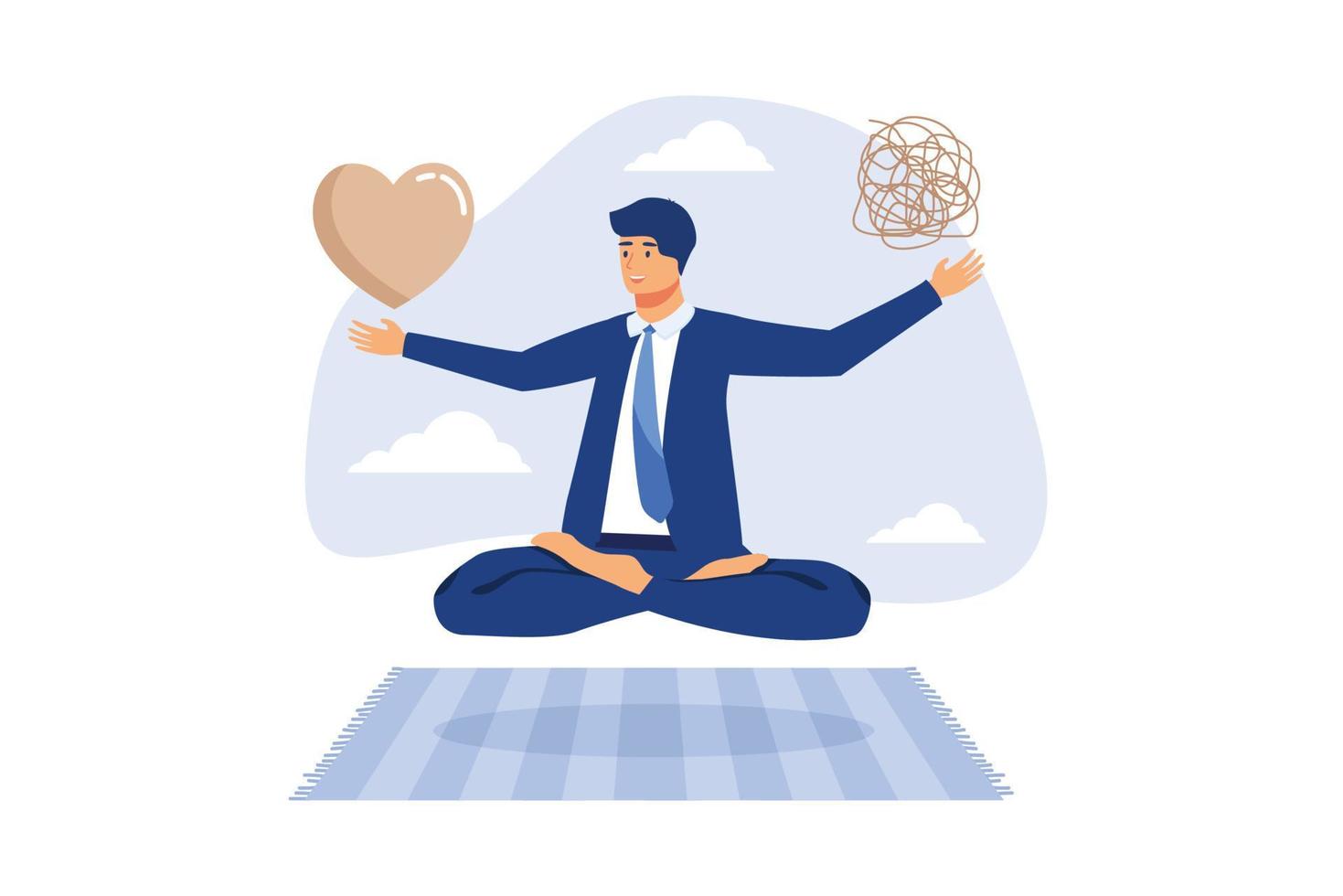 Stress management balance between work concentration and mental health, work life balance or meditation and relax, businessman meditate floating balancing messy chaos and work passion heart shape. vector