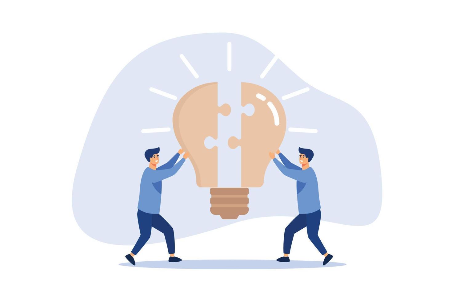 Teamwork or partnership for business success, innovation or creativity to solve problem, brainstorm or connect idea concept, businessman team members partner connect lightbulb jigsaw puzzle together. vector