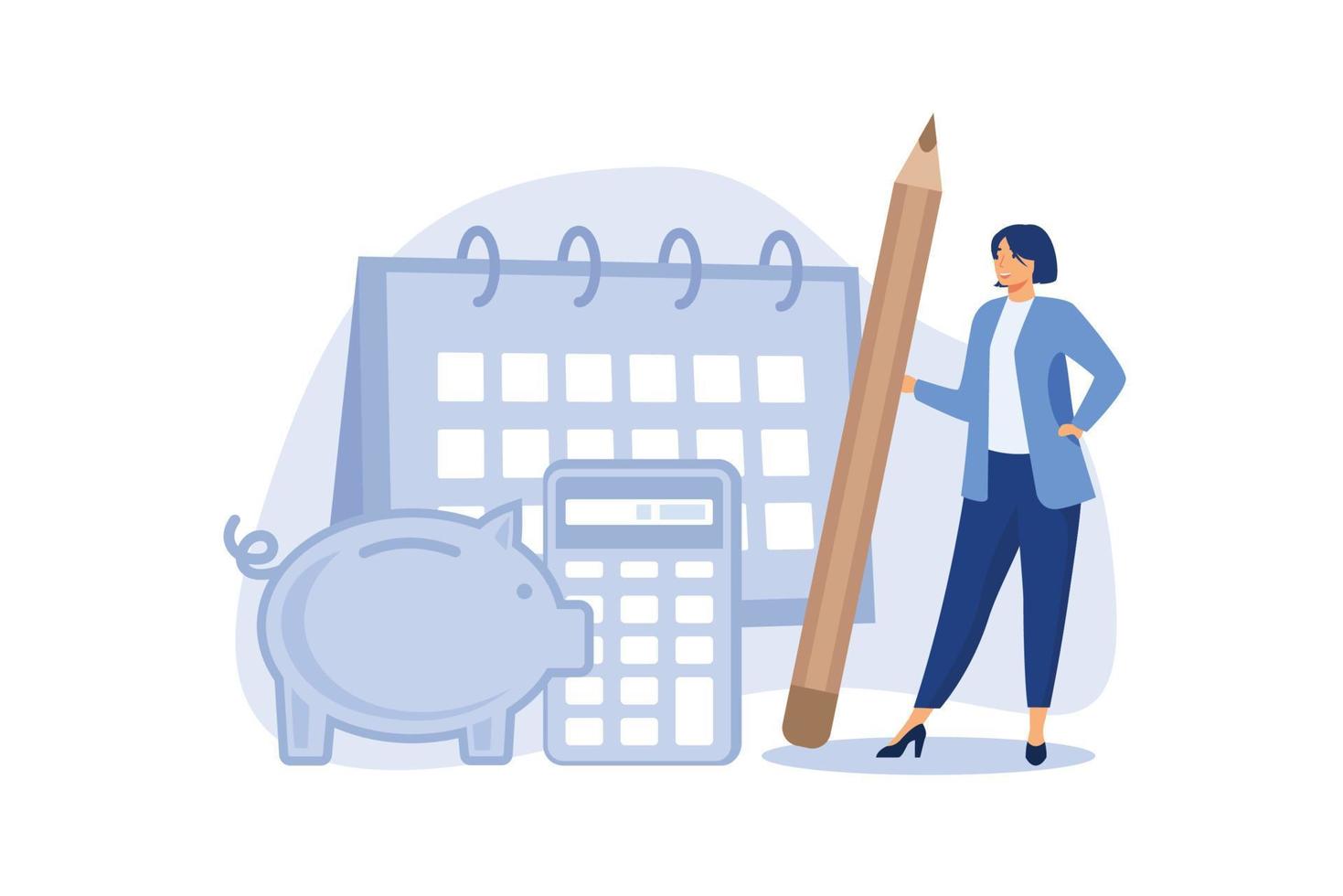 Monthly cost or budget, expense to pay bill, mortgage or debt, plan for savings or investment, money management or credit card payment, smart woman plan her monthly budget with calendar and piggybank. vector