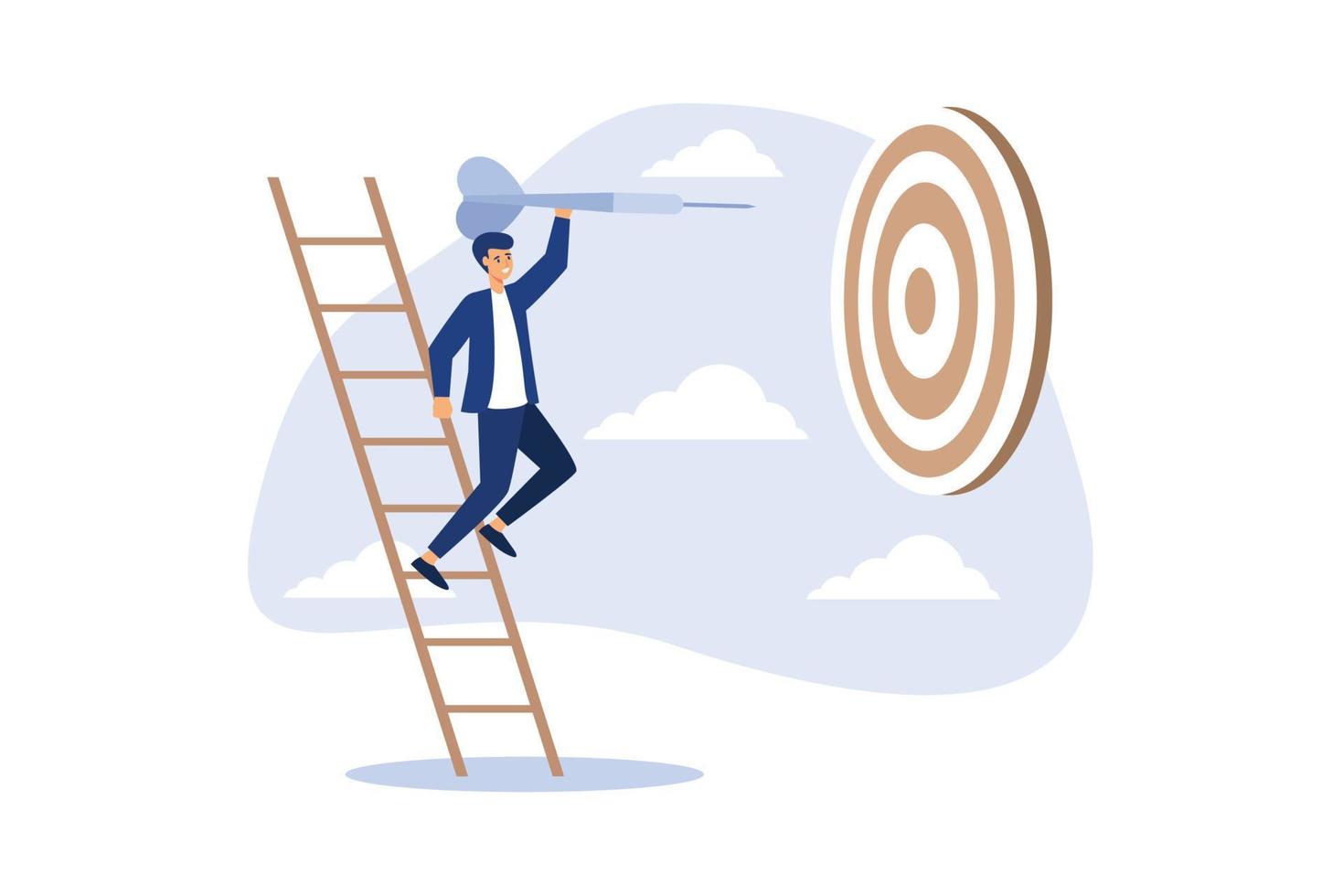 Success ladder, aspiration to achieve target, business goal or work purpose, aim for perfection concept, businessman climb up ladder high into the sky to aiming for perfect bullseye target dartboard. vector