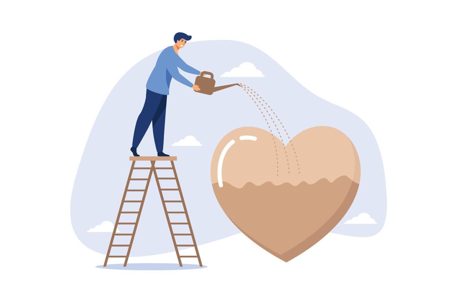 Work passion, motivation to success and win business competition, mindset or attitude to work in we love to do concept, businessman pouring water to fulfill heart shape metaphor of passion. vector
