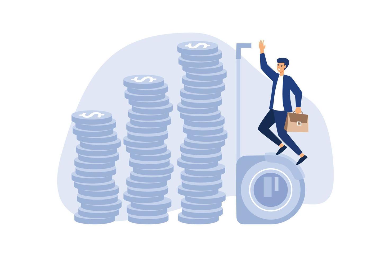 Investment measurement or benchmark, ROI, return on investment, wealth monitoring with financial goal or target concept, businessman investor using measuring tape to measure money coins stack height vector